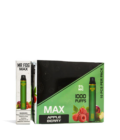 Apple Berry Mr Fog MAX Disposable w/ Synthetic Nicotine 10pk on white studio background