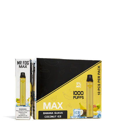 Banana Guava Coconut Ice Mr Fog MAX Disposable w/ Synthetic Nicotine 10pk on white studio background