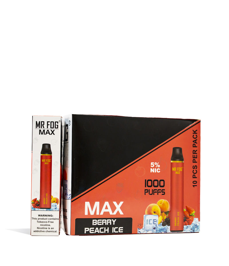 Berry Peach Ice Mr Fog MAX Disposable w/ Synthetic Nicotine 10pk on white studio background