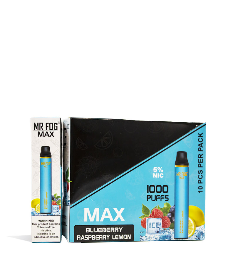 Blueberry Raspberry Lemon  Mr Fog MAX Disposable w/ Synthetic Nicotine 10pk on white studio background