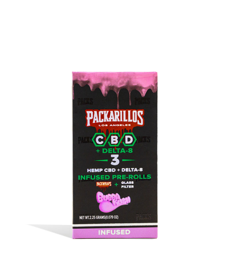 Bubba Kush Packarillos CBD D8 Pre Rolls 3pk on white studio background