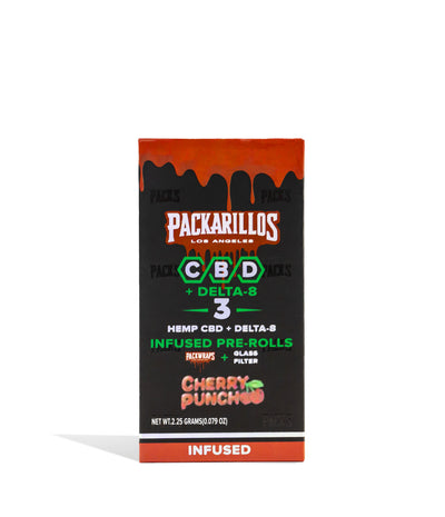 Cherry Punch Packarillos CBD D8 Pre Rolls 3pk on white studio background