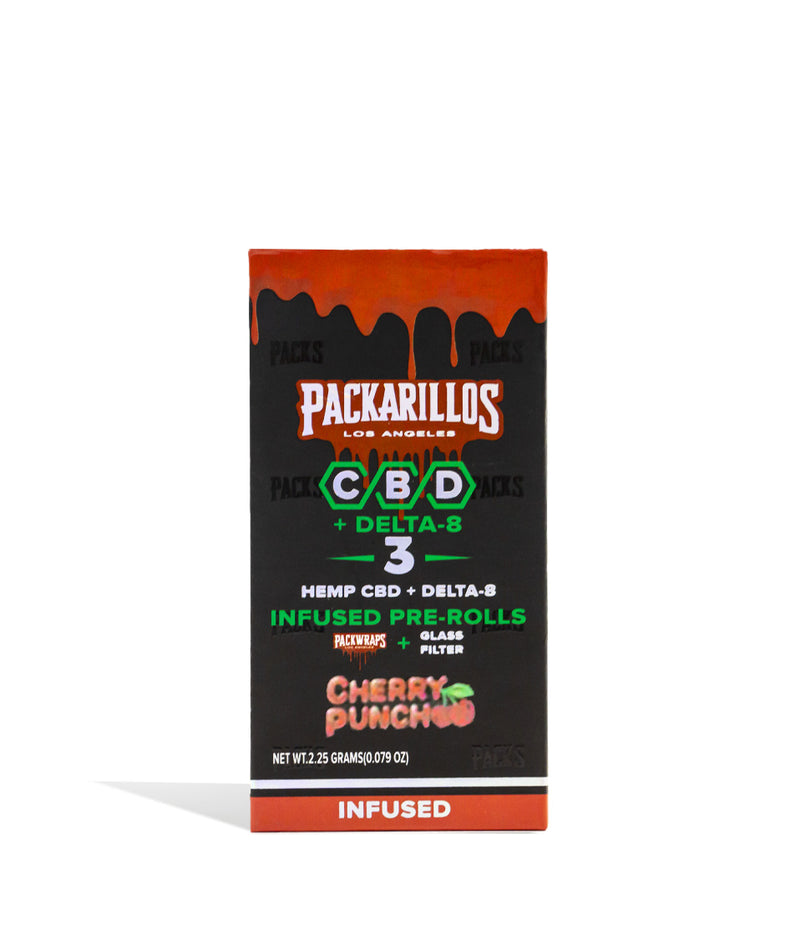 Cherry Punch Packarillos CBD D8 Pre Rolls 3pk on white studio background