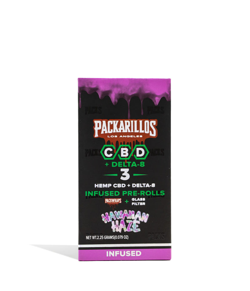 Hawaiian Haze Packarillos CBD D8 Pre Rolls 3pk on white studio background