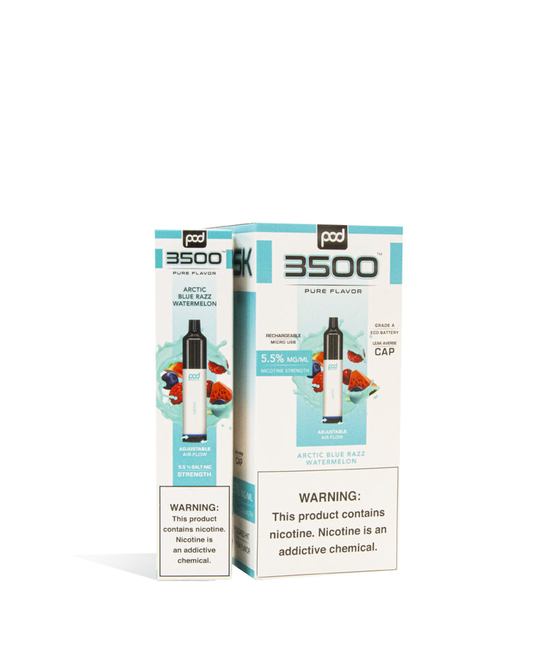 Arctic Blue Razz Watermelon Pod Stick 3500 Disposable Salt Device 10pk on white studio background