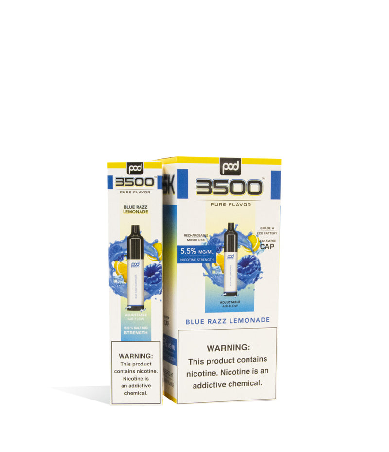 Blue Razz Lemonade Pod Stick 3500 Disposable Salt Device 10pk on white studio background
