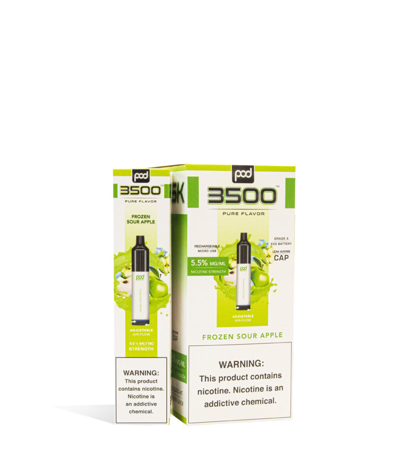 Frozen Sour Apple Pod Stick 3500 Disposable Salt Device 10pk on white studio background