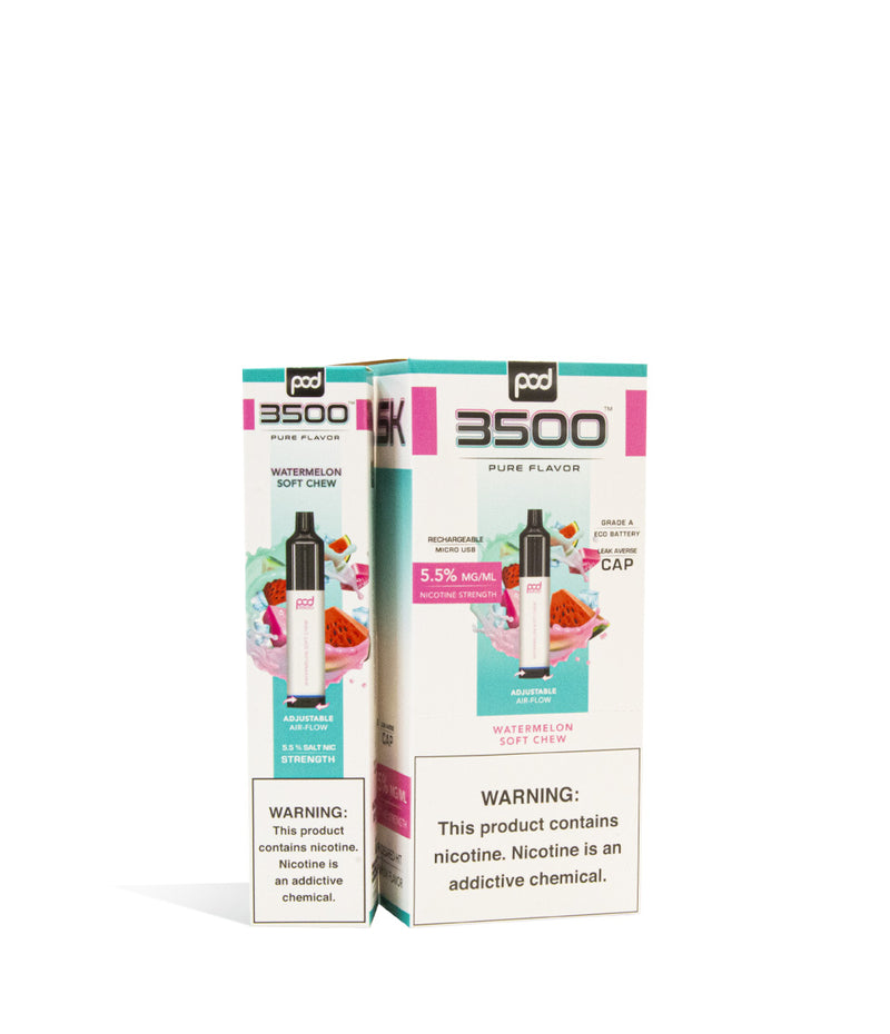 Watermelon Soft Chew Pod Stick 3500 Disposable Salt Device 10pk on white studio background