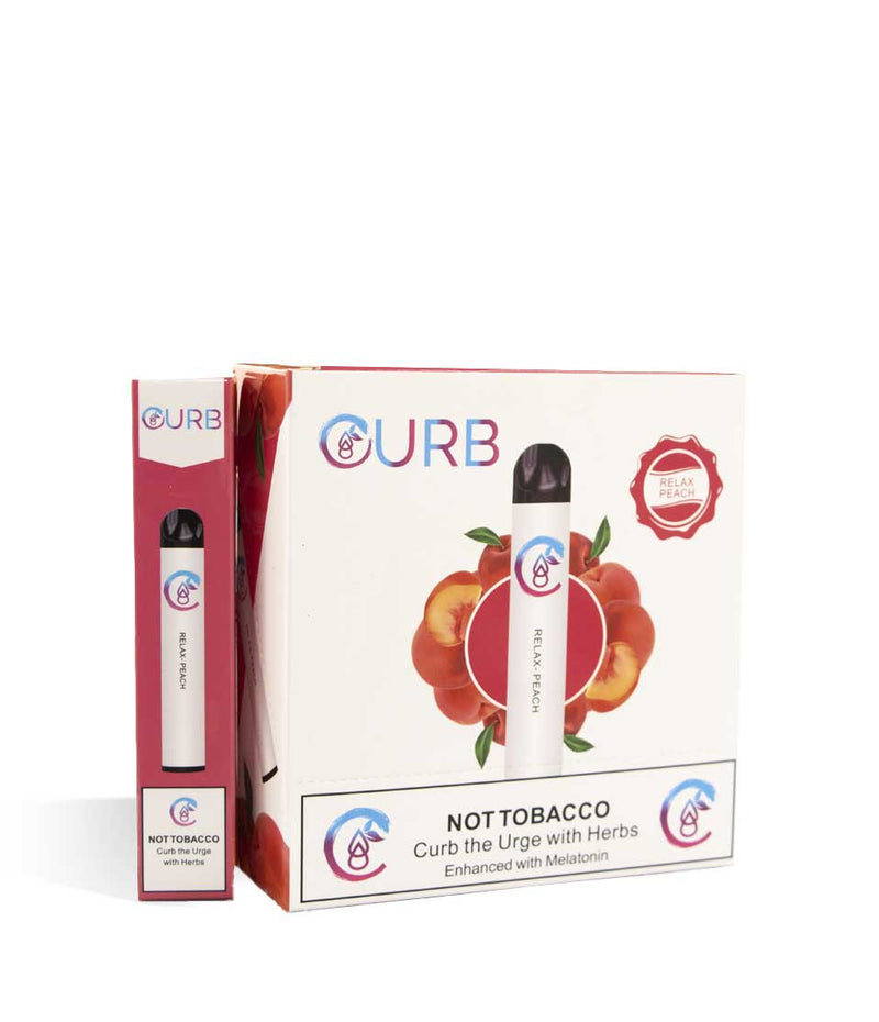 Relax Peach CURB Herbal Supplement Infused Disposable Vaporizer 10pk on white studio background
