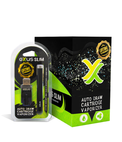 Cosmic Black with single pack Exxus Vape Slim Auto Draw Cartridge Vaporizer 12pk on white background