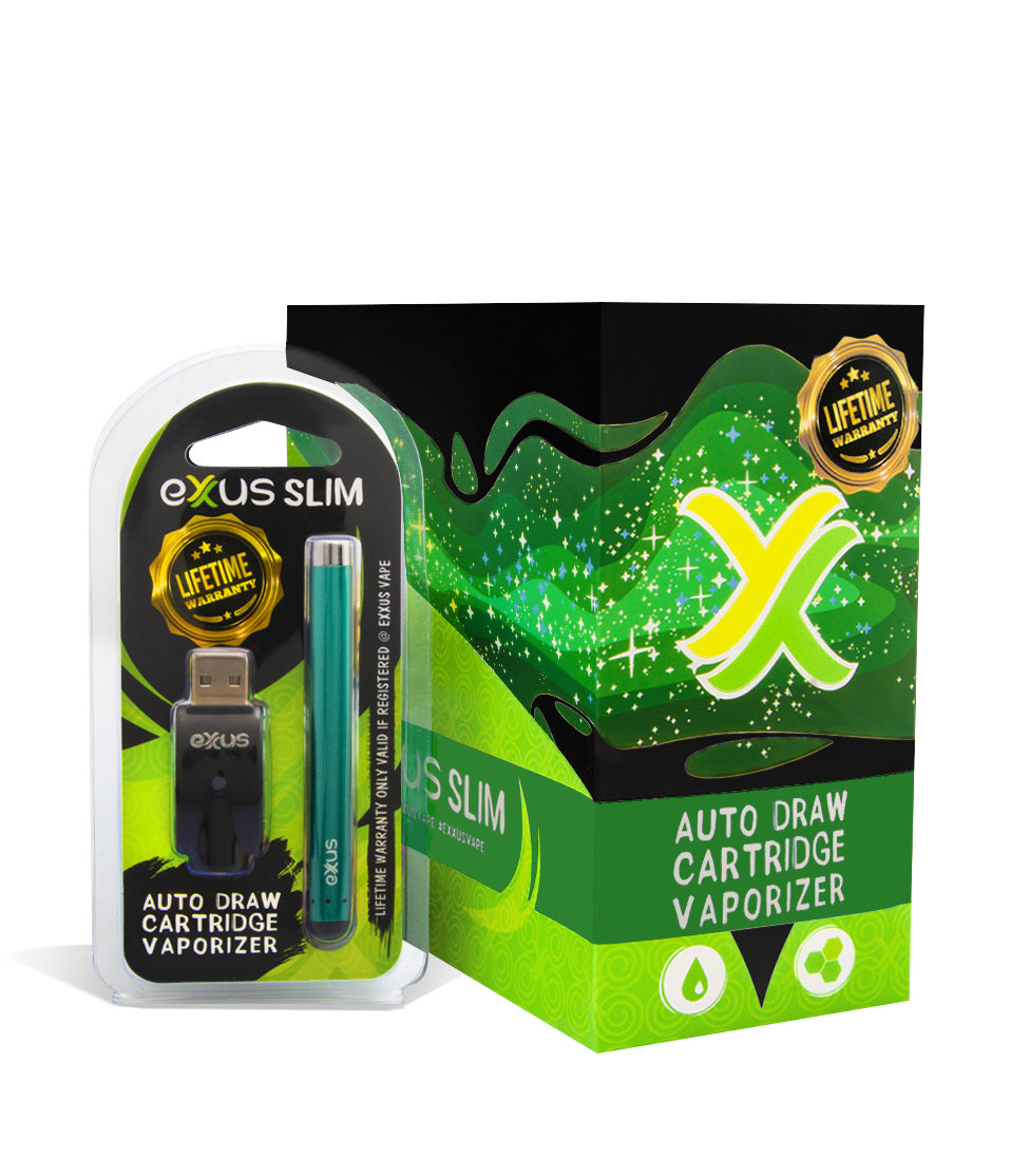 Cosmic Green with single pack Exxus Vape Slim Auto Draw Cartridge Vaporizer 12pk on white background