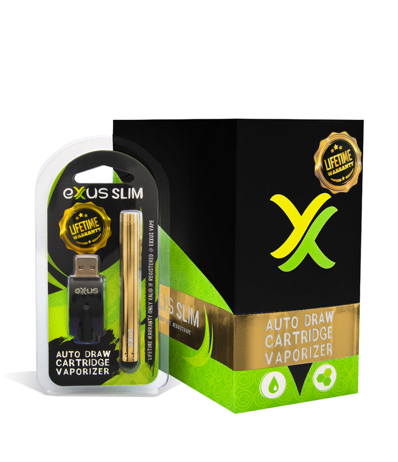 Gold with single pack Exxus Vape Slim Auto Draw Cartridge Vaporizer 12pk on white background