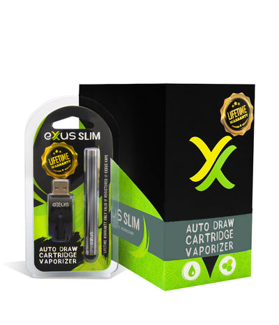 Gunmetal with single pack Exxus Vape Slim Auto Draw Cartridge Vaporizer 12pk on white background