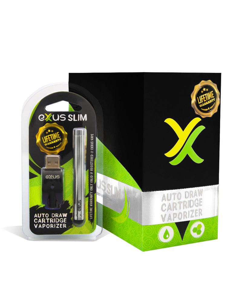 Silver with single pack Exxus Vape Slim Auto Draw Cartridge Vaporizer 12pk on white background