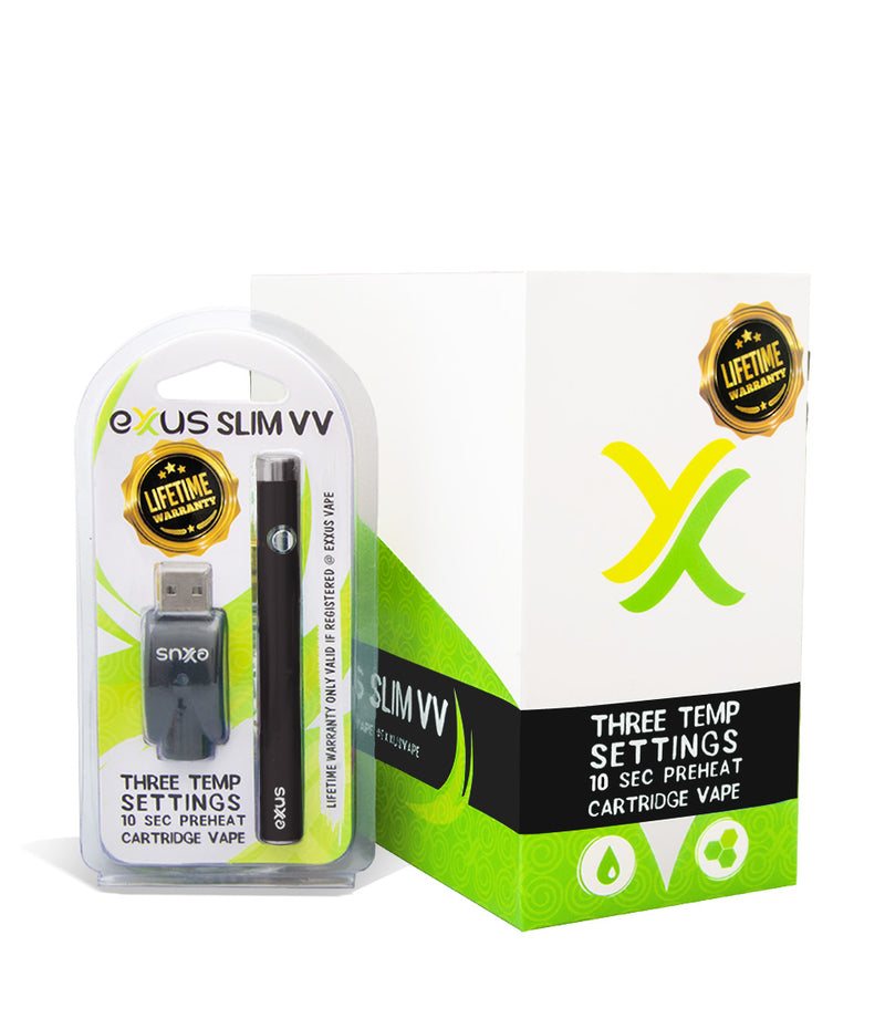 Black w/single pack Exxus Slim VV Cartridge Vaporizer 12pk on white background