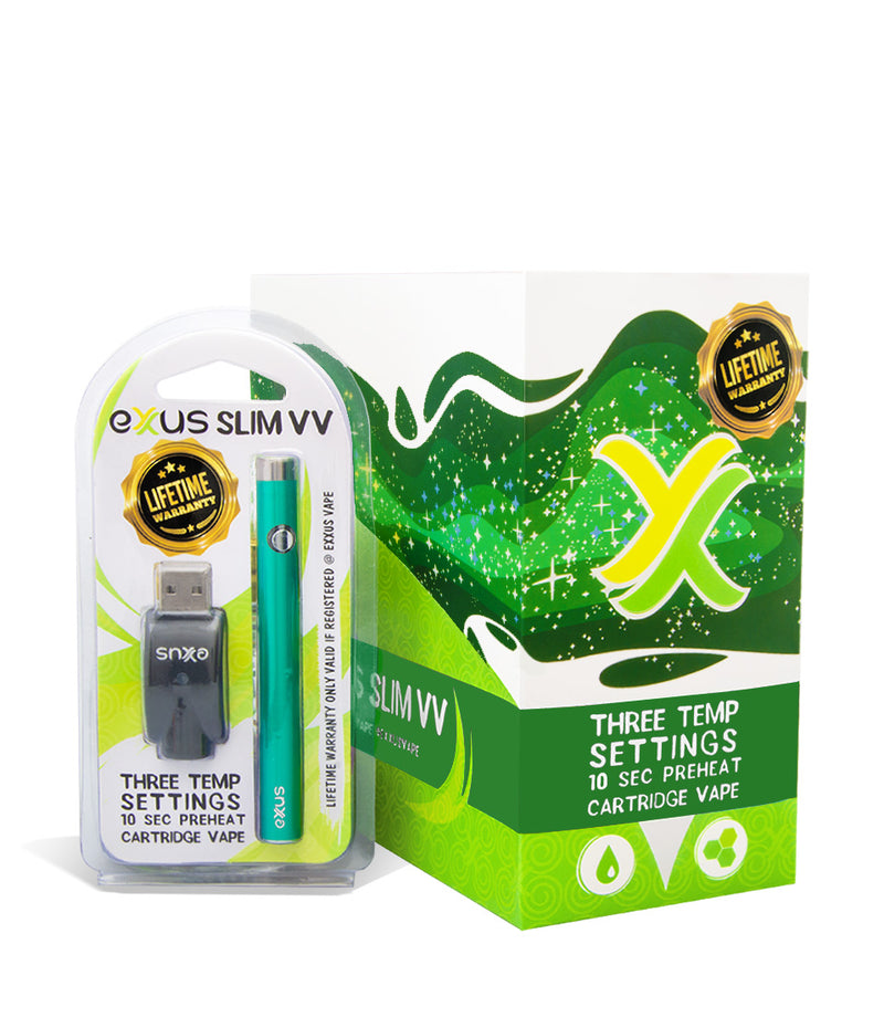 Cosmic Green w/single pack Exxus Slim VV Cartridge Vaporizer 12pk on white background