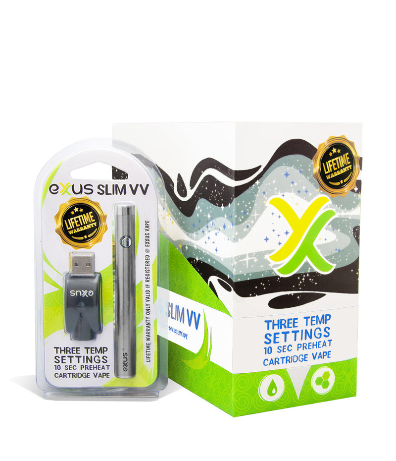 Silver w/single pack Exxus Slim VV Cartridge Vaporizer 12pk on white background