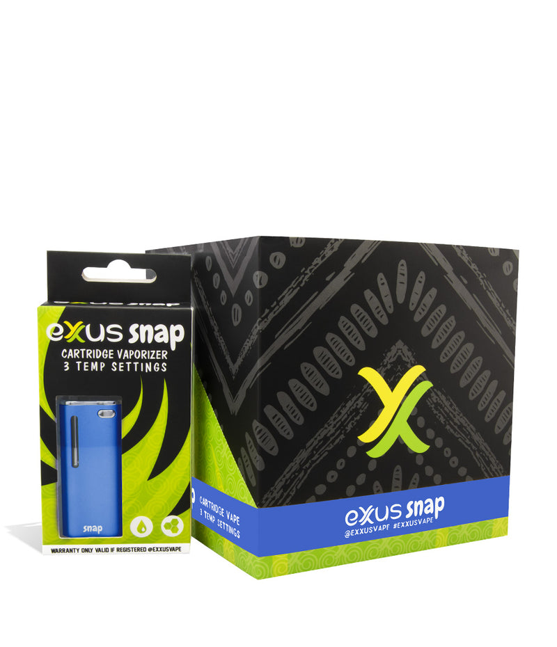 Blue w/single pack Exxus Vape Snap Cartridge Vaporizer 12pk on white studio background