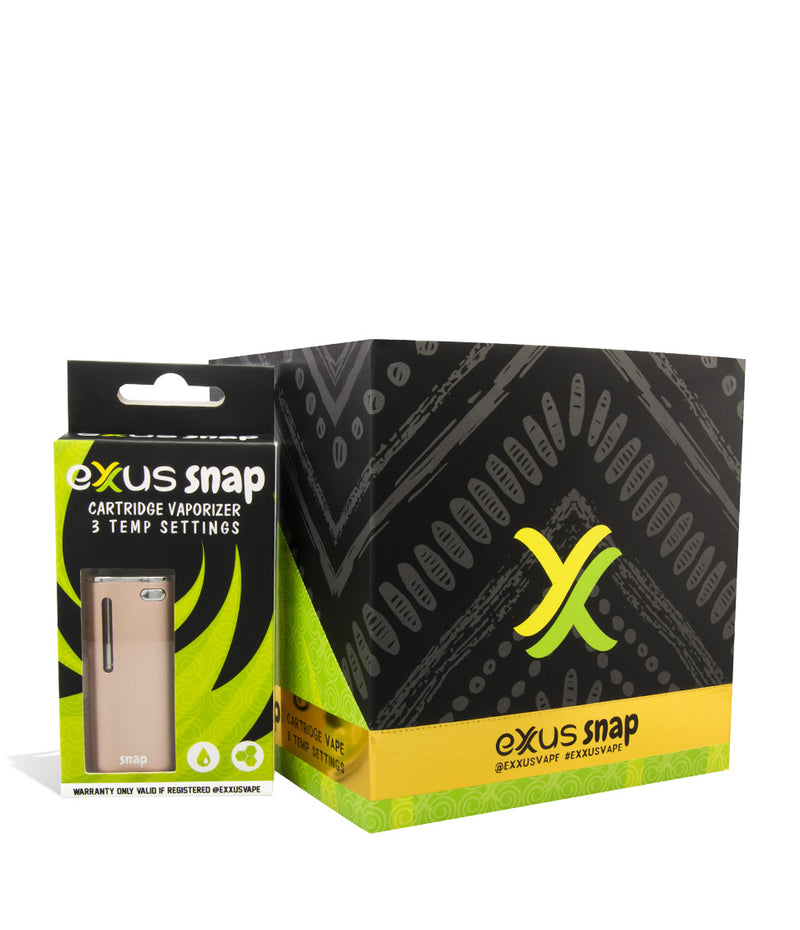 Gold w/single pack Exxus Vape Snap Cartridge Vaporizer 12pk on white studio background