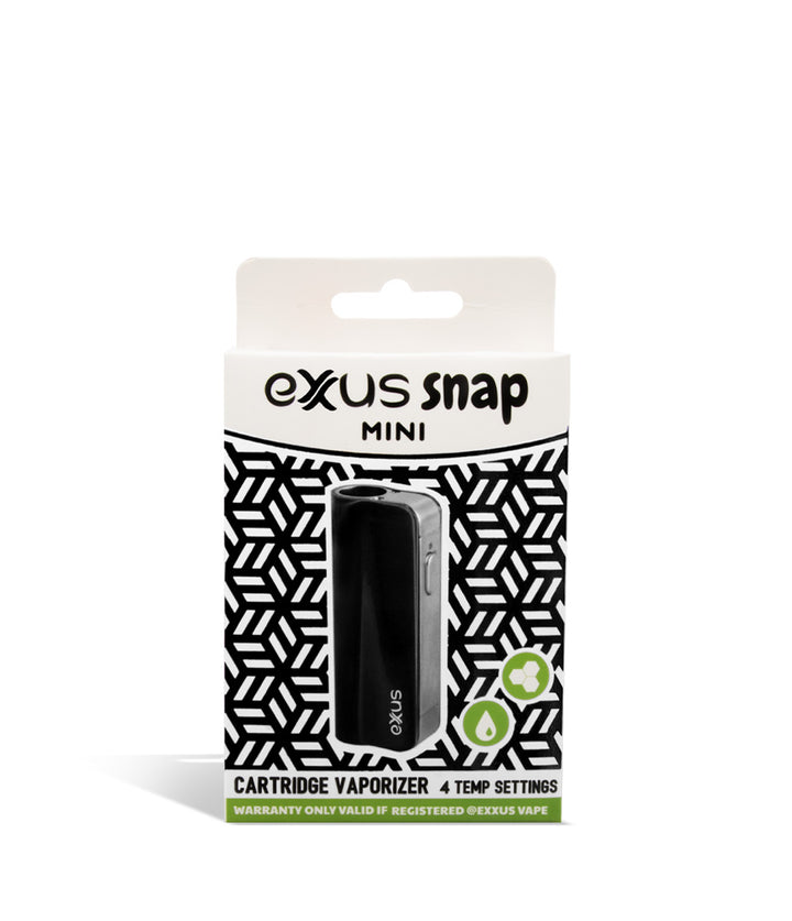 Black Tech packaging Exxus Vape Snap VV Mini Cartridge Vaporizer on white studio background
