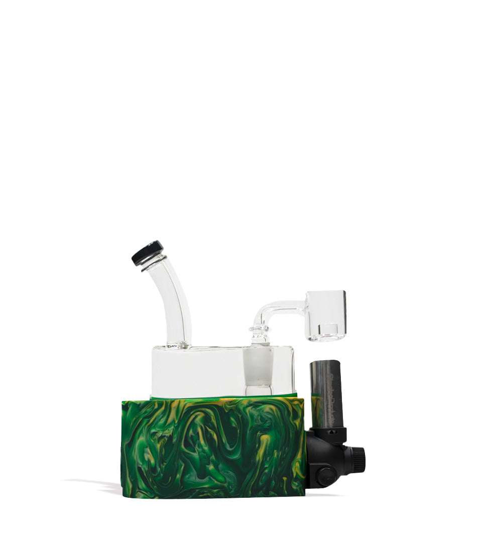 Green yellow Stache Rio Portable Dab Rig on white studio background