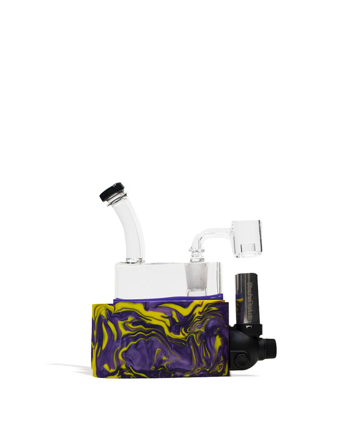 Purple yellow Stache Rio Portable Dab Rig on white studio background