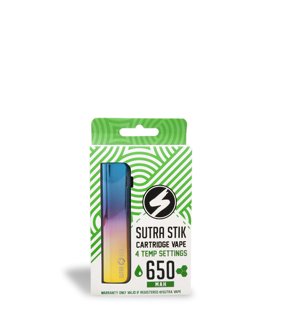 Full Color Box front view Sutra Vape STIK 650 Cartridge Vaporizer on white studio background