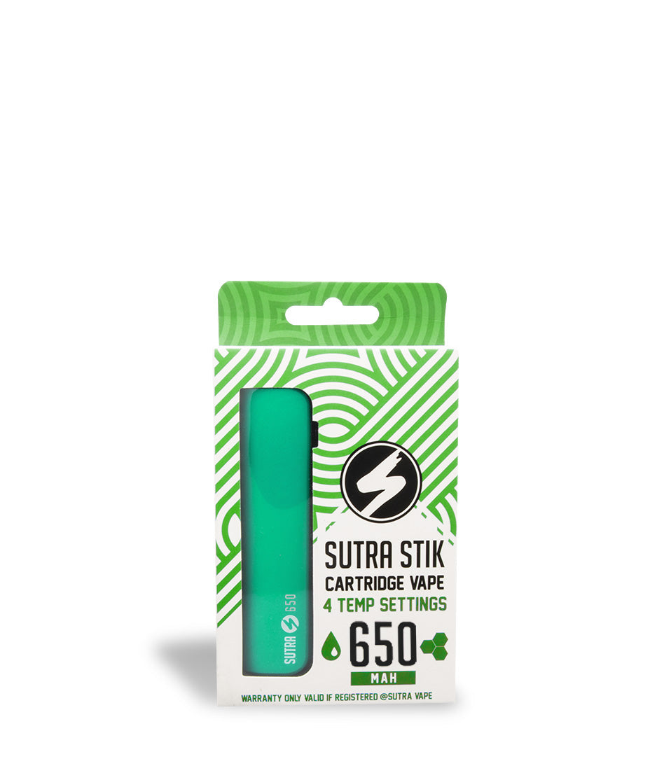 Green Box Front view Sutra Vape STIK 650 Cartridge Vaporizer on white studio background