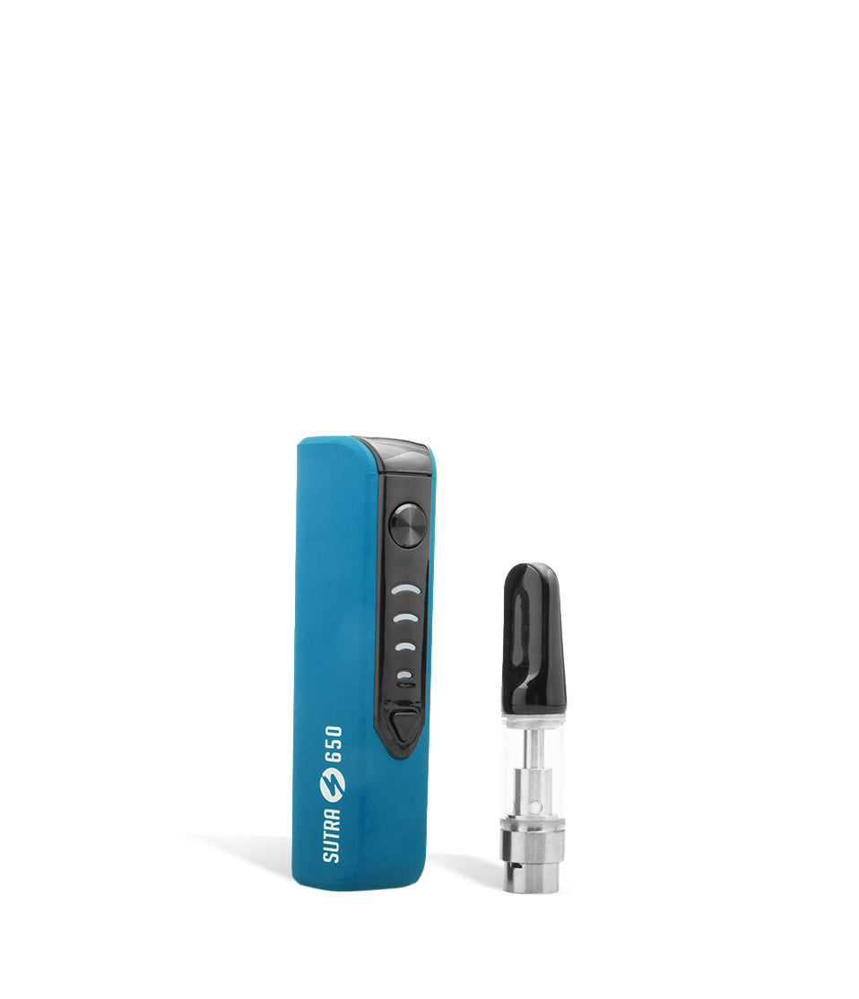 Blue side view Sutra Vape STIK 650 Cartridge Vaporizer on white background