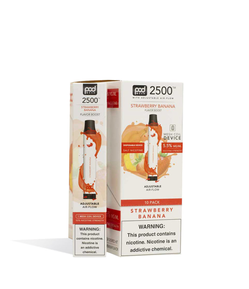 Strawberry Banana Pod Stick Twist 2500 Disposable Salt Device 10pk on white studio background