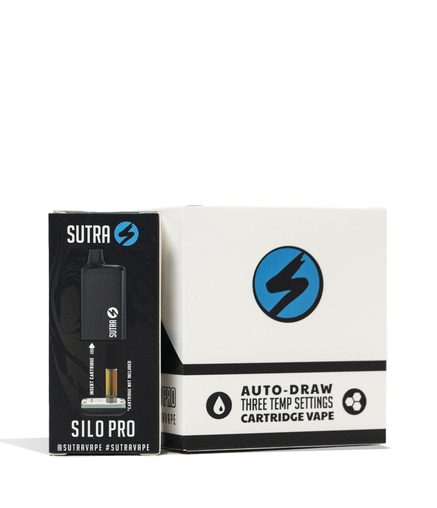 Black Sutra Silo Pro Cartridge Vaporizer 6pk Packaging Front View on White Background
