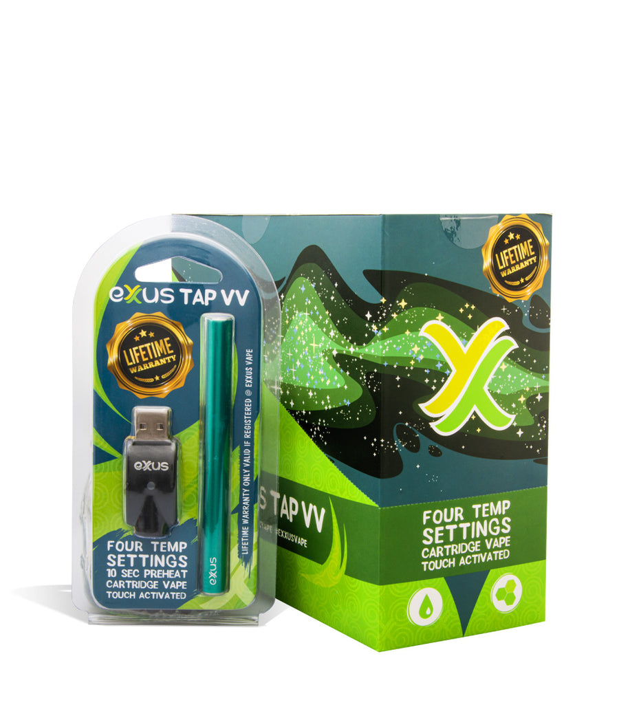 Cosmic Green w/single pack Exxus Vape Tap VV Auto Draw Cartridge Vaporizer 12pk on white background