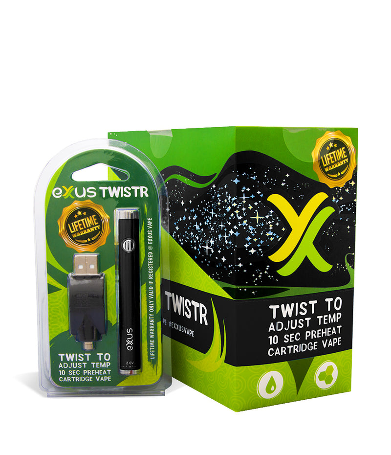 Cosmic Black w/ single pack Exxus Vape Twistr Cartridge Vaporizer 12pk on white background