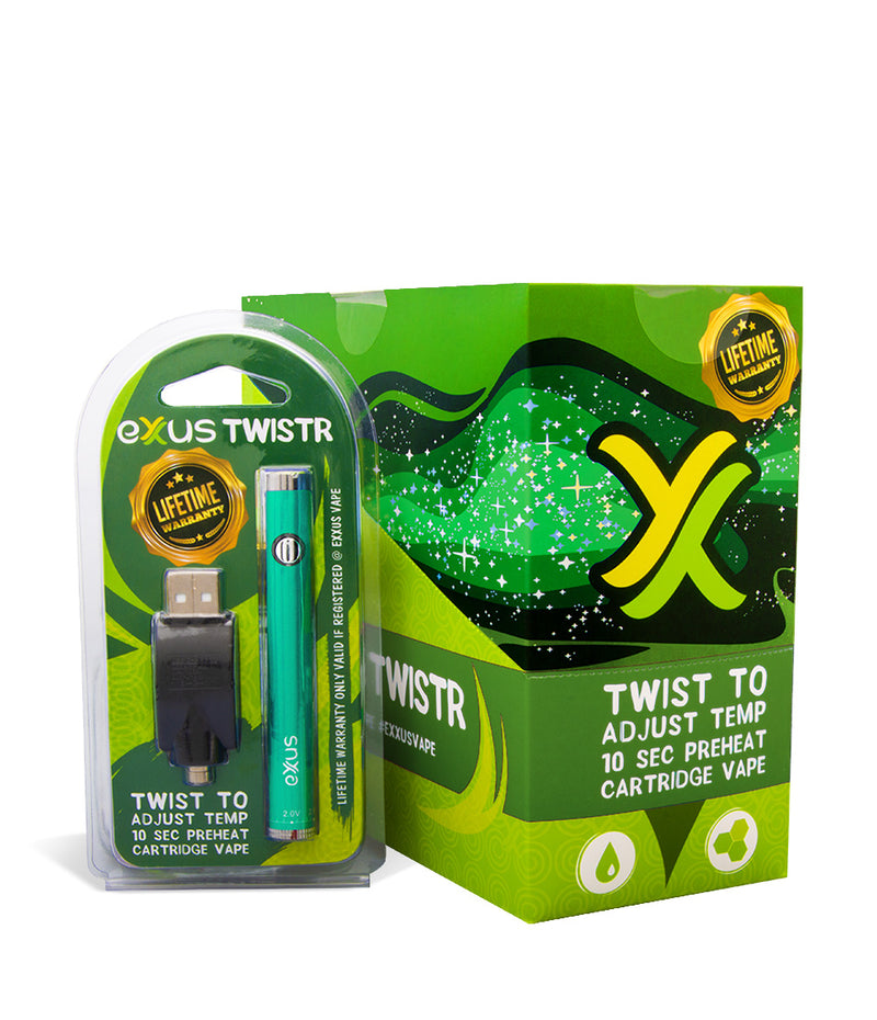 Cosmic Green w/ single pack Exxus Vape Twistr Cartridge Vaporizer 12pk on white background