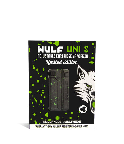 Black Green Spatter Box Wulf Mods UNI S Adjustable Cartridge Vaporizer on white studio background