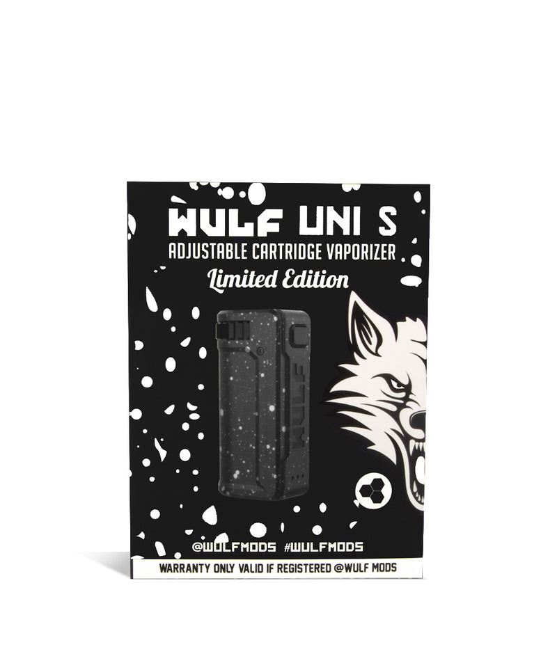 Black White Spatter Box Wulf Mods UNI S Adjustable Cartridge Vaporizer on white studio background