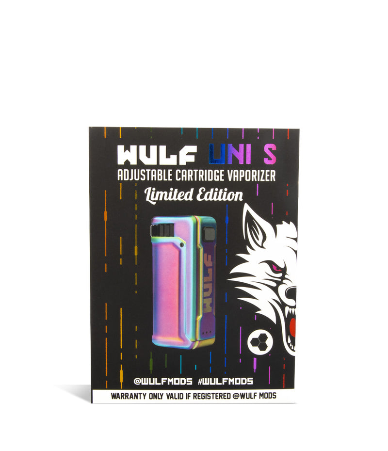 Full Color Box Wulf Mods UNI S Adjustable Cartridge Vaporizer on white studio background