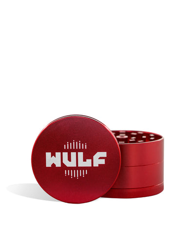 Red lid front view Wulf Mods 65mm 4pc Grinder on white studio background