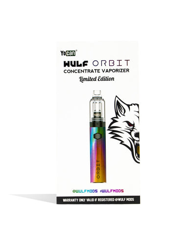 Full Color front view Wulf Mods Orbit Concentrate Vaporizer Packaging on white studio background