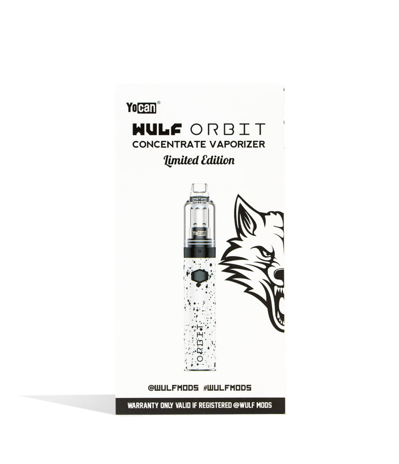 White Black Spatter front view Wulf Mods Orbit Concentrate Vaporizer Packaging on white studio background