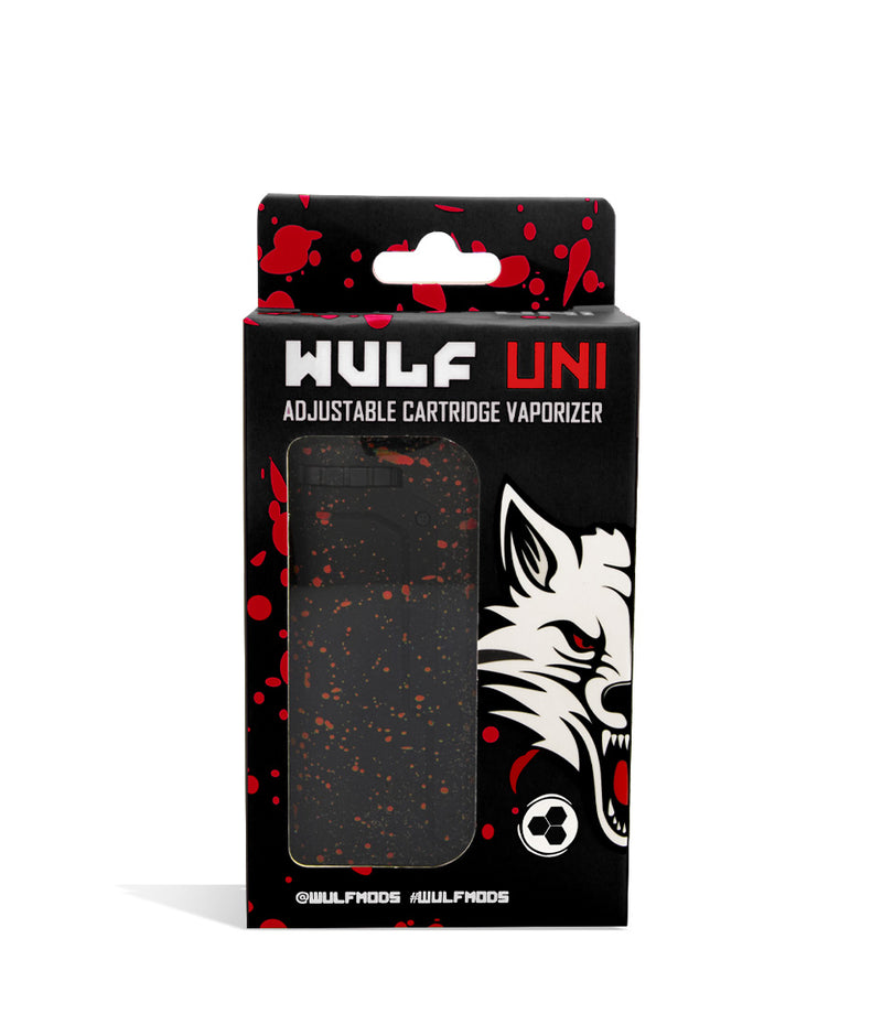 Black Red Spatter Box front view Wulf Mods UNI Adjustable Cartridge Vaporizer on white studio background