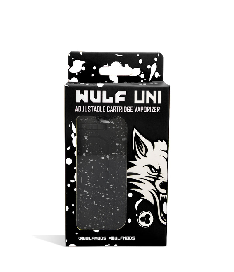 Black White Spatter Box front view Wulf Mods UNI Adjustable Cartridge Vaporizer on white studio background