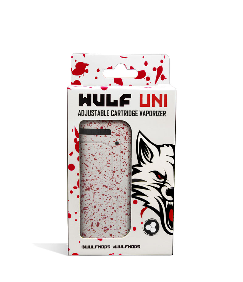White Red Spatter Box front view Wulf Mods UNI Adjustable Cartridge Vaporizer on white studio background