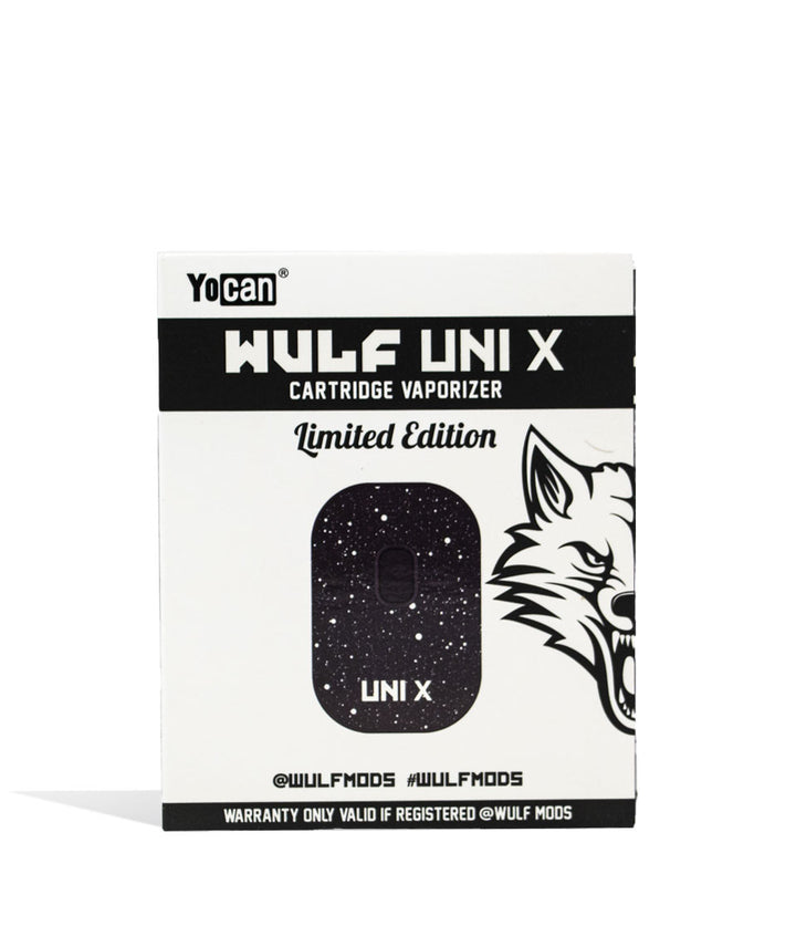Black White Spatter Wulf Mods UNI X Cartridge Vaporizer Box on white background