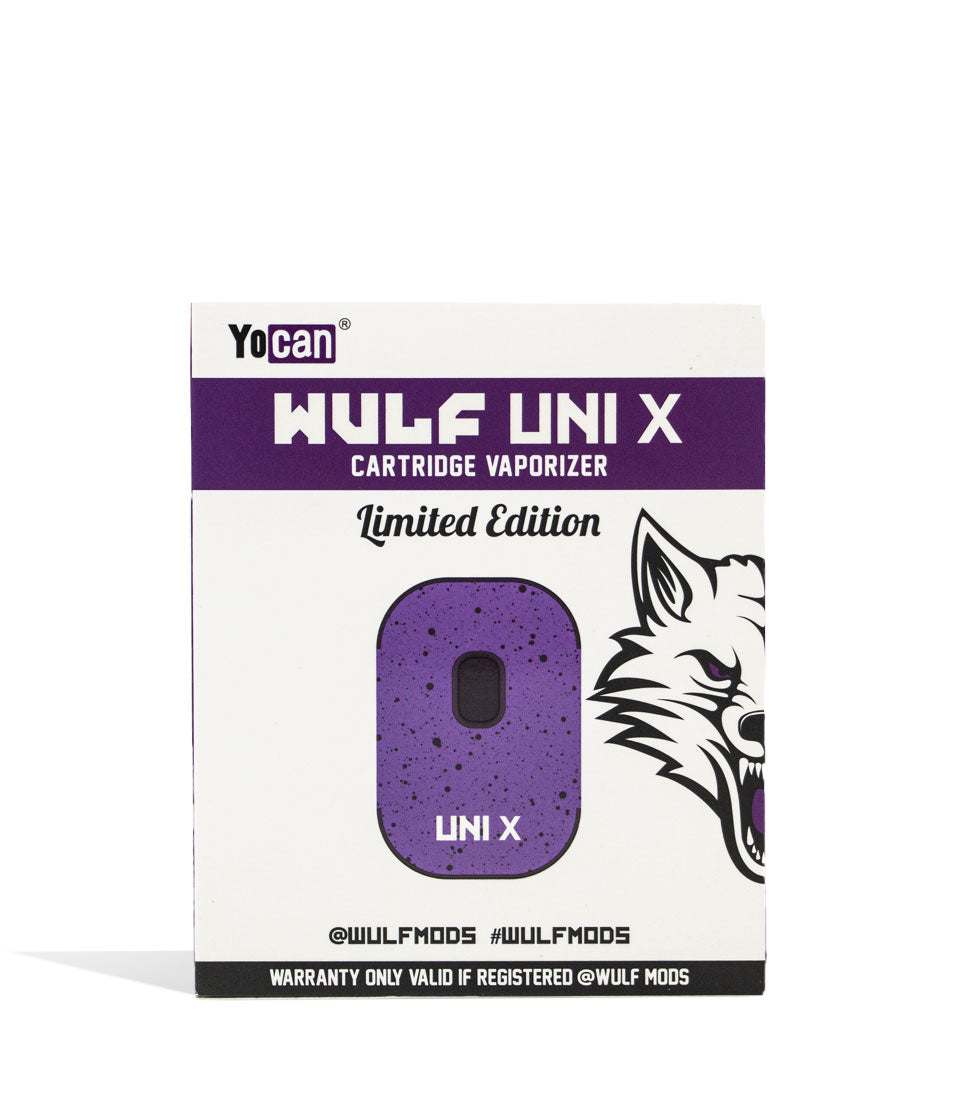 Purple Black Spatter Wulf Mods UNI X Cartridge Vaporizer Box on white background