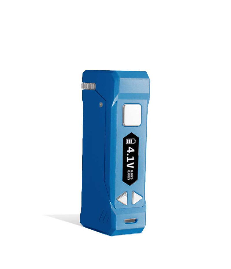 Blue side view Yocan UNI Pro Adjustable Cartridge Vaporizer on white studio background