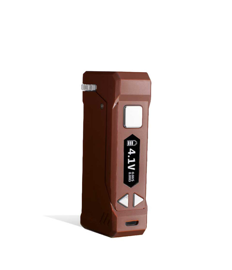 Brown side view Yocan UNI Pro Adjustable Cartridge Vaporizer on white studio background