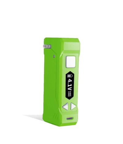 Green side view Yocan UNI Pro Adjustable Cartridge Vaporizer on white studio background