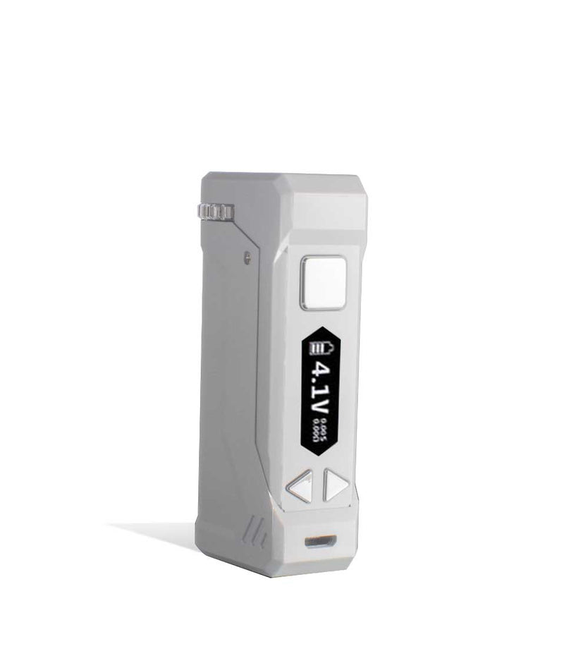 Silver side view Yocan UNI Pro Adjustable Cartridge Vaporizer on white studio background