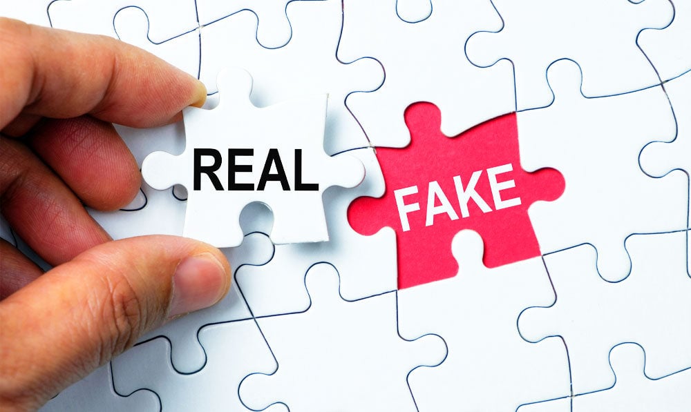 Person holding a puzzle piece that says "real" over a space that says "fake"
